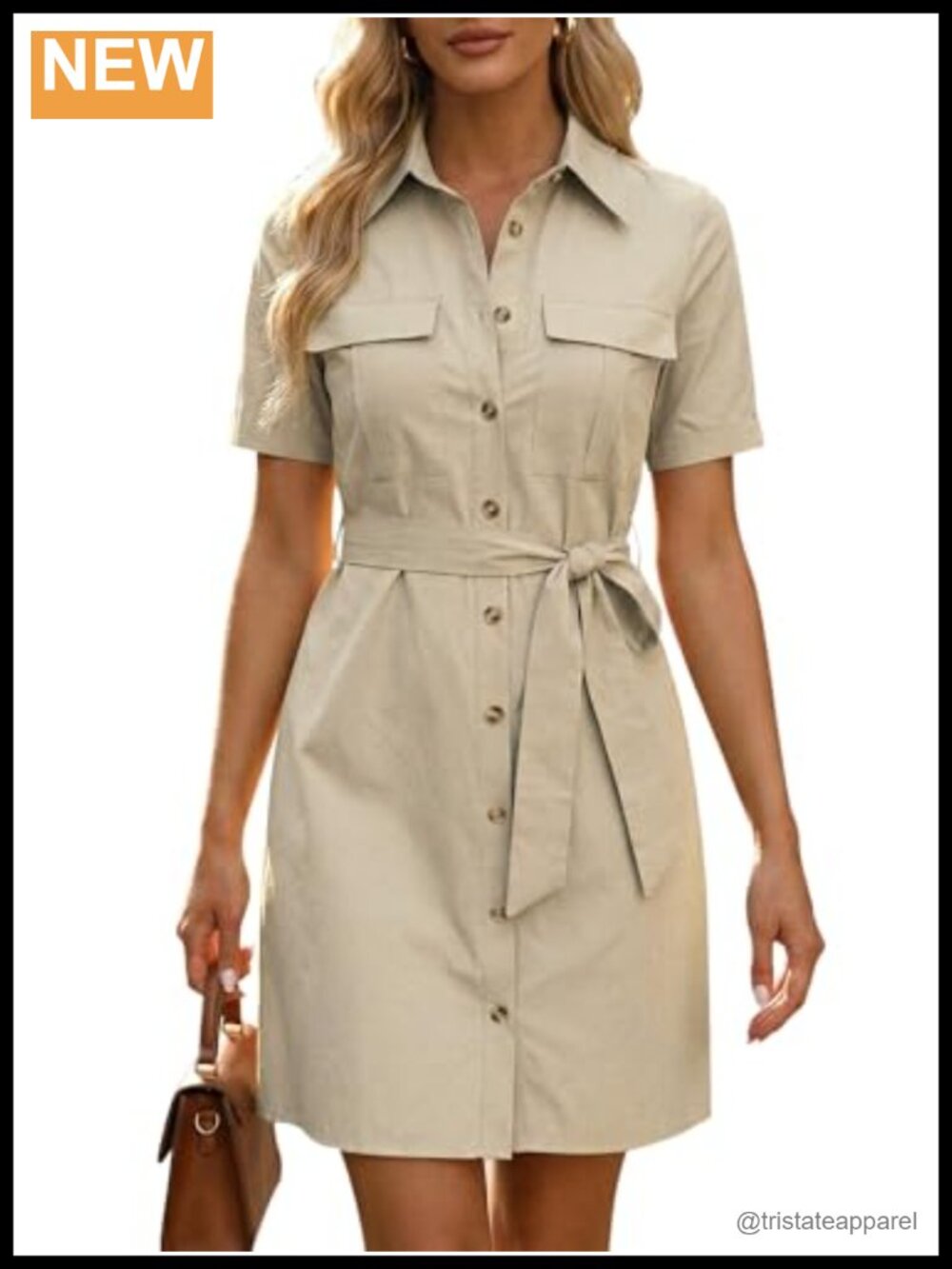A-Line Collared Short Sleeve Belted Button Down Shirt Dress